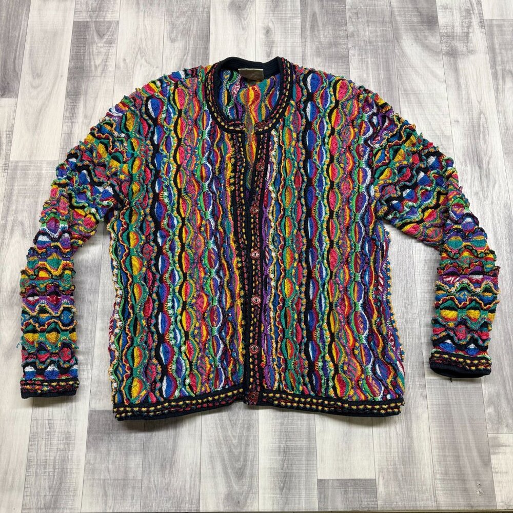 ✅Womens L Coogi Australia Cardigan 3D Knit Sweater Multicolor Mercerized Cotton